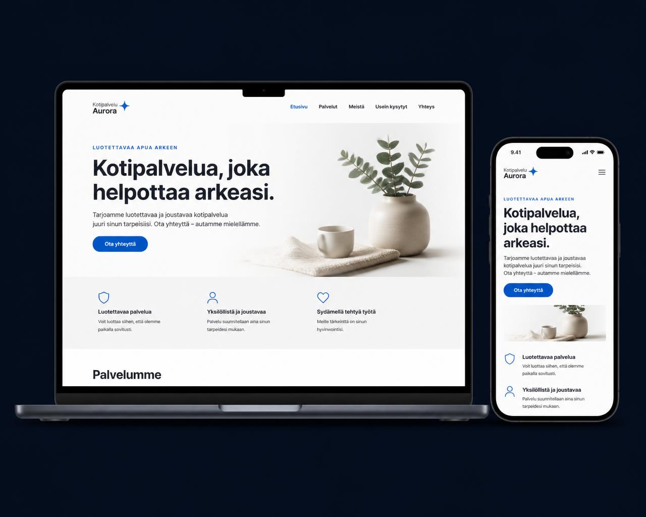Esimerkki modernista verkkosivustosta tietokoneen ja puhelimen näytöllä